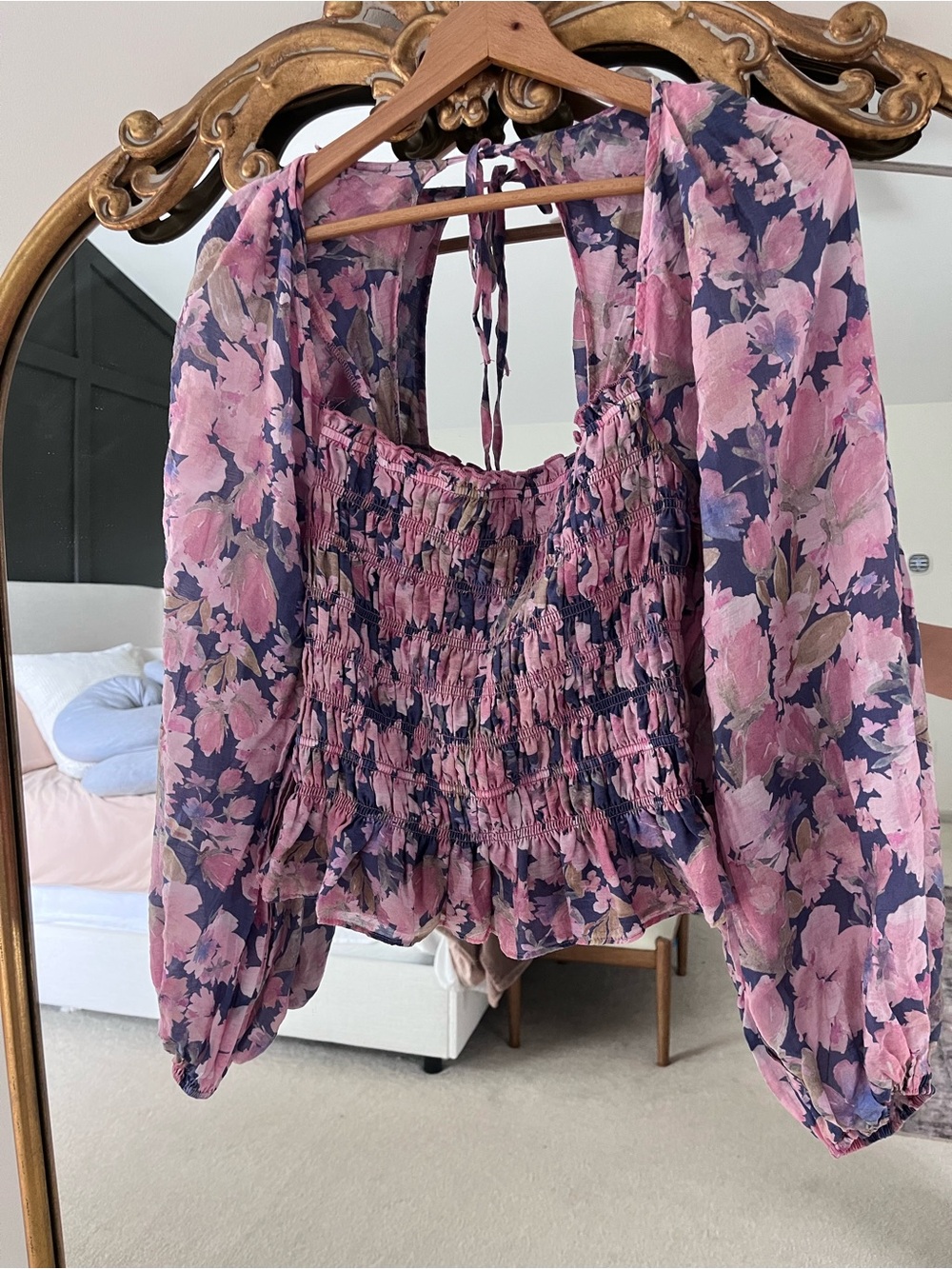 Astr Pink & Navy Floral Smocked Peasant Top